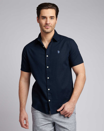 Mens Linen Blend Short Sleeve Shirt in Dark Sapphire Navy / Moonlight Blue DHM
