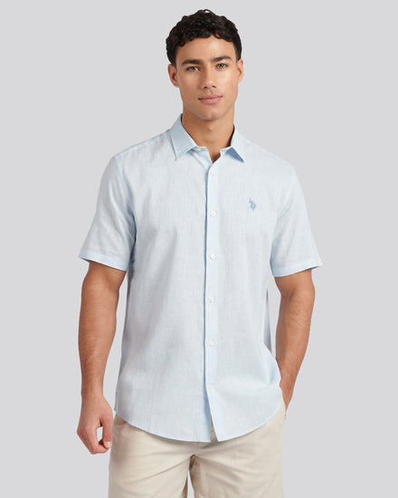 Mens Linen Blend Short Sleeve Shirt in Ice Blue