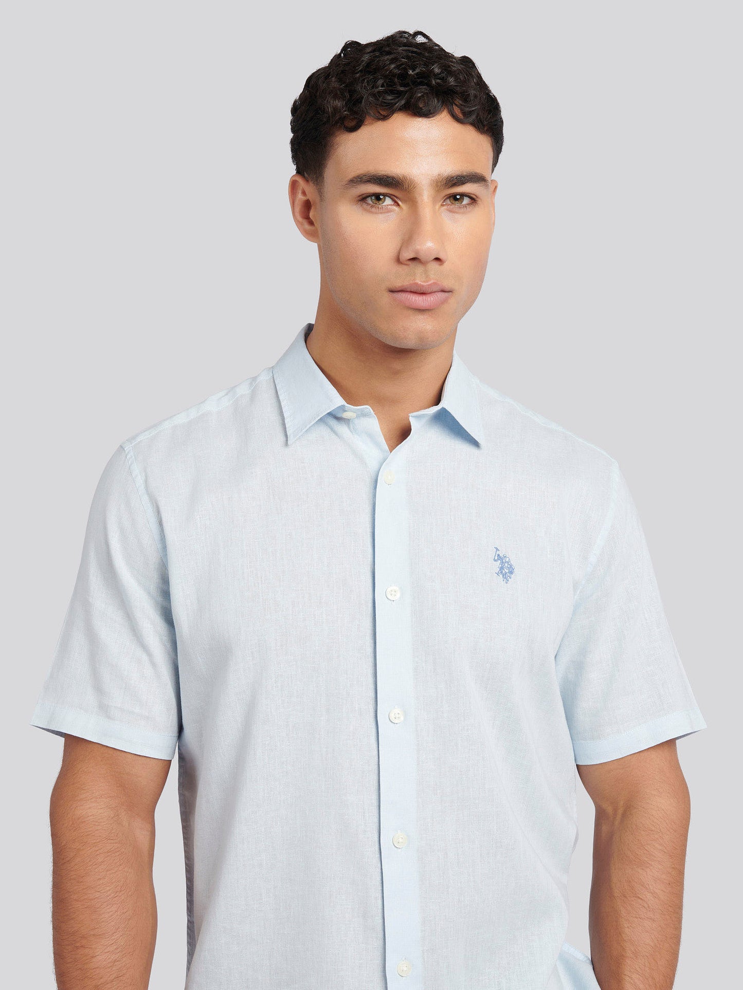 Mens Linen Blend Short Sleeve Shirt in Ice Blue