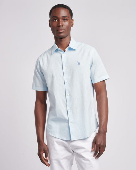 Mens Linen Blend Short Sleeve Shirt in Ice Water