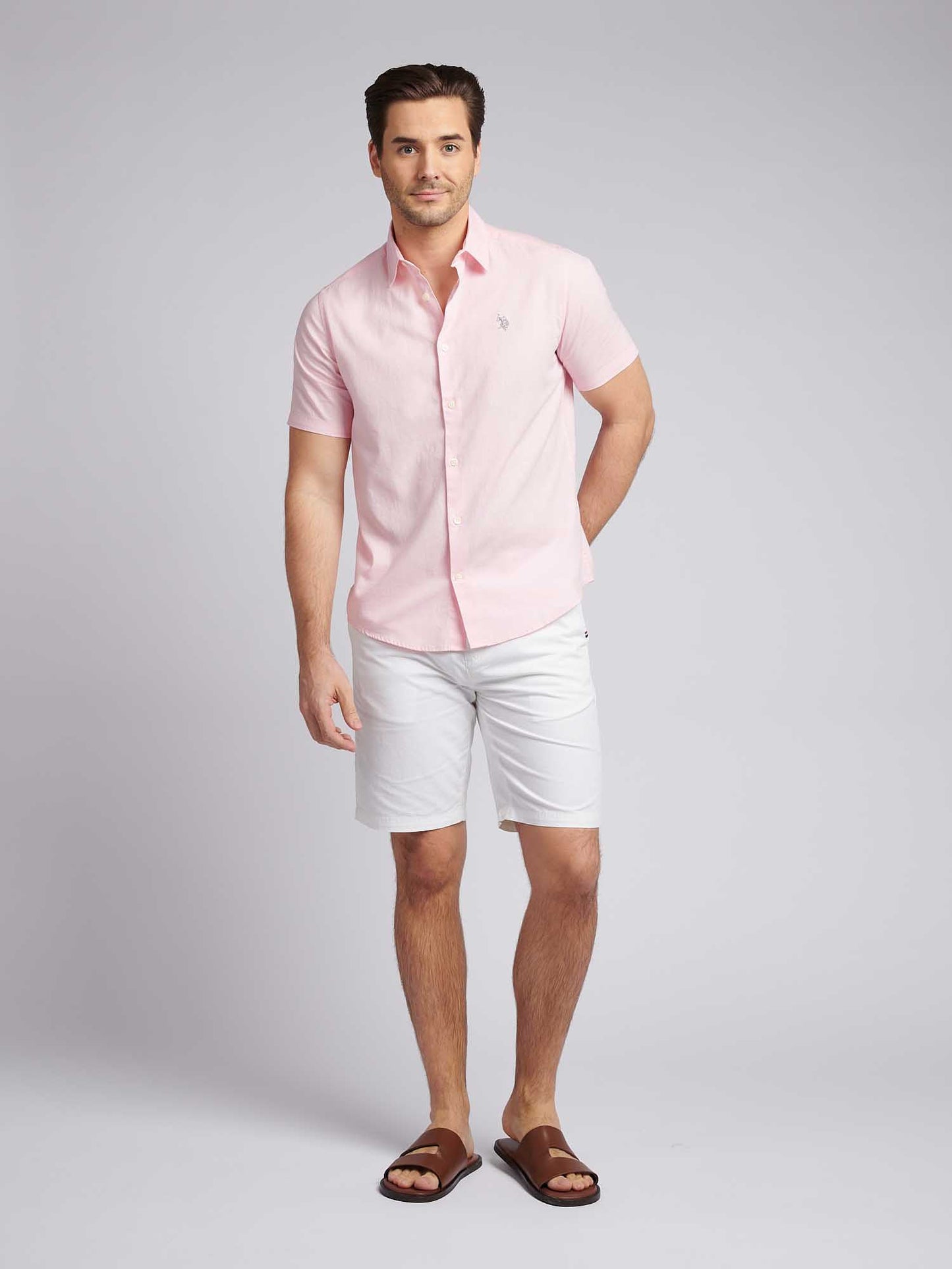 Mens Linen Blend Short Sleeve Shirt in Pink a Boo