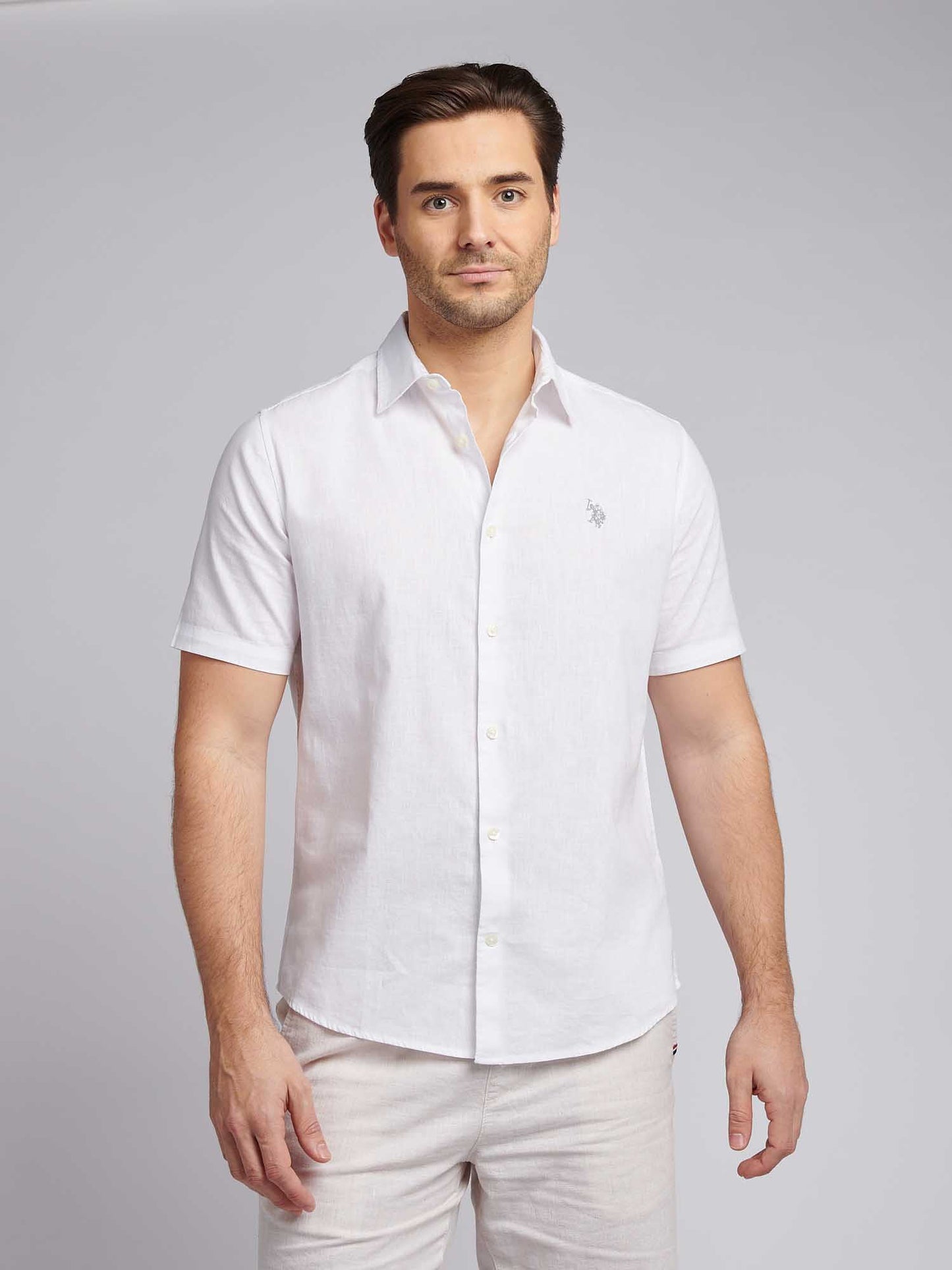 Mens Linen Blend Short Sleeve Shirt in Bright White / Harbour Mist