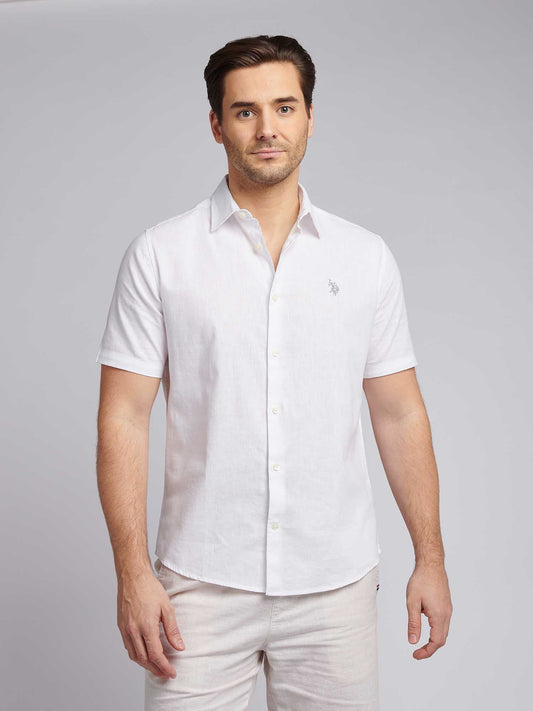Mens Linen Blend Short Sleeve Shirt in Bright White / Harbour Mist