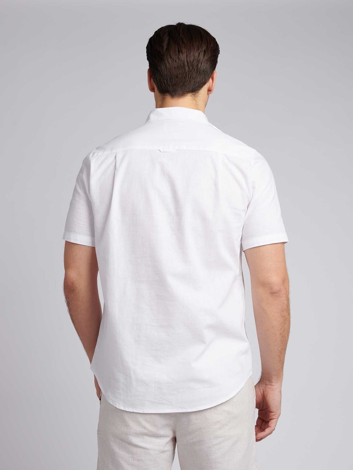 Mens Linen Blend Short Sleeve Shirt in Bright White / Harbour Mist