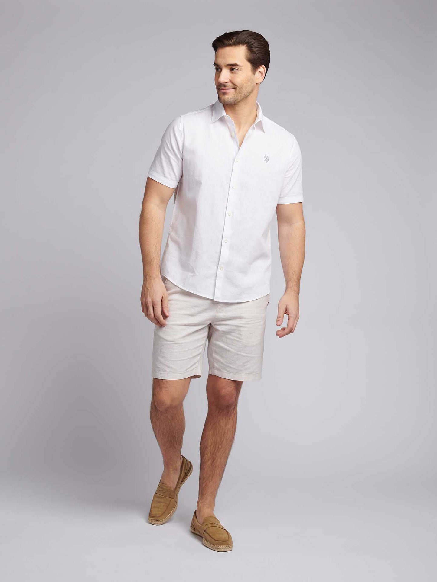 Mens Linen Blend Short Sleeve Shirt in Bright White / Harbour Mist
