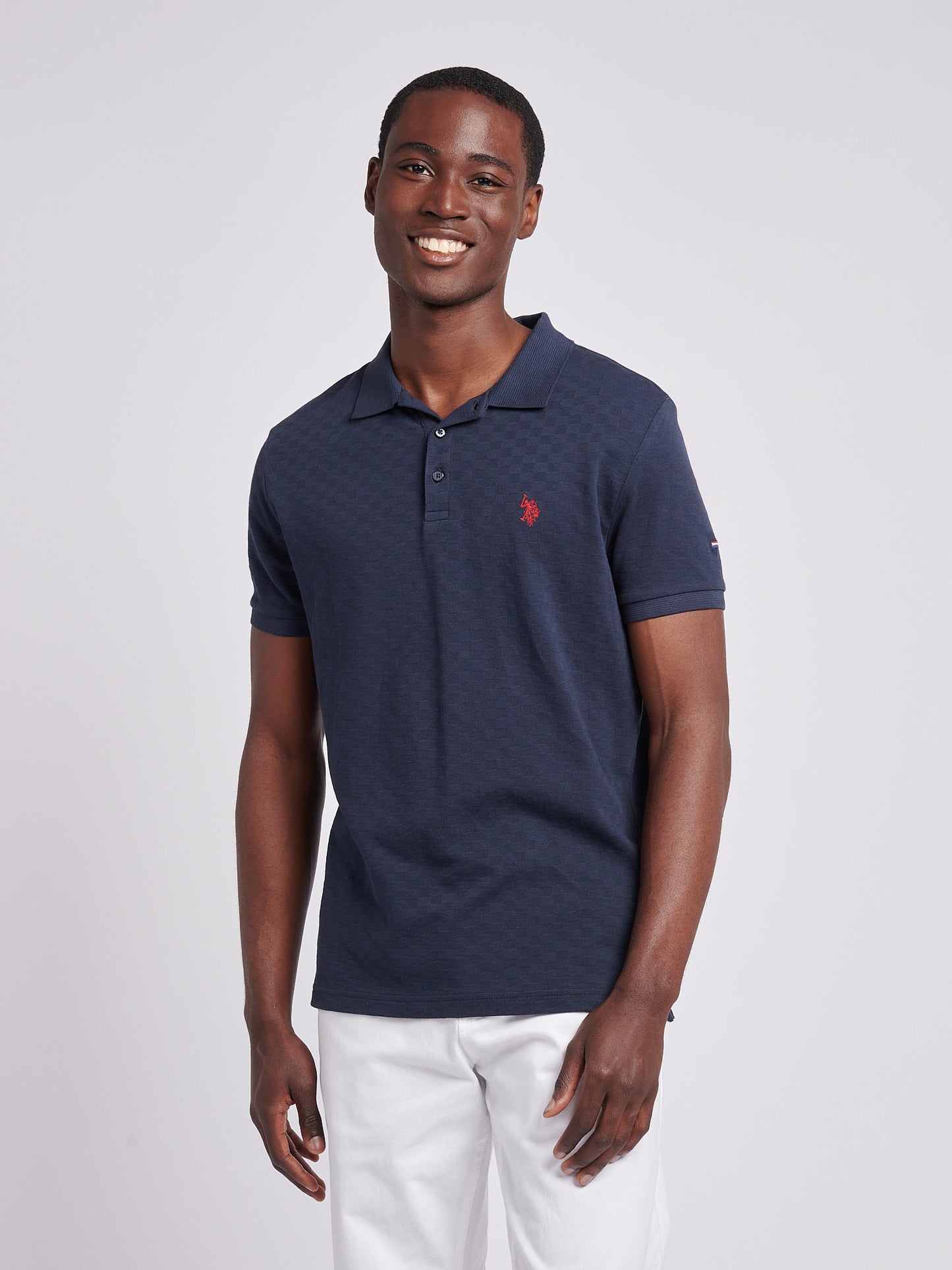 Mens Check Texture Polo in Dark Sapphire Navy / Haute Red DHM