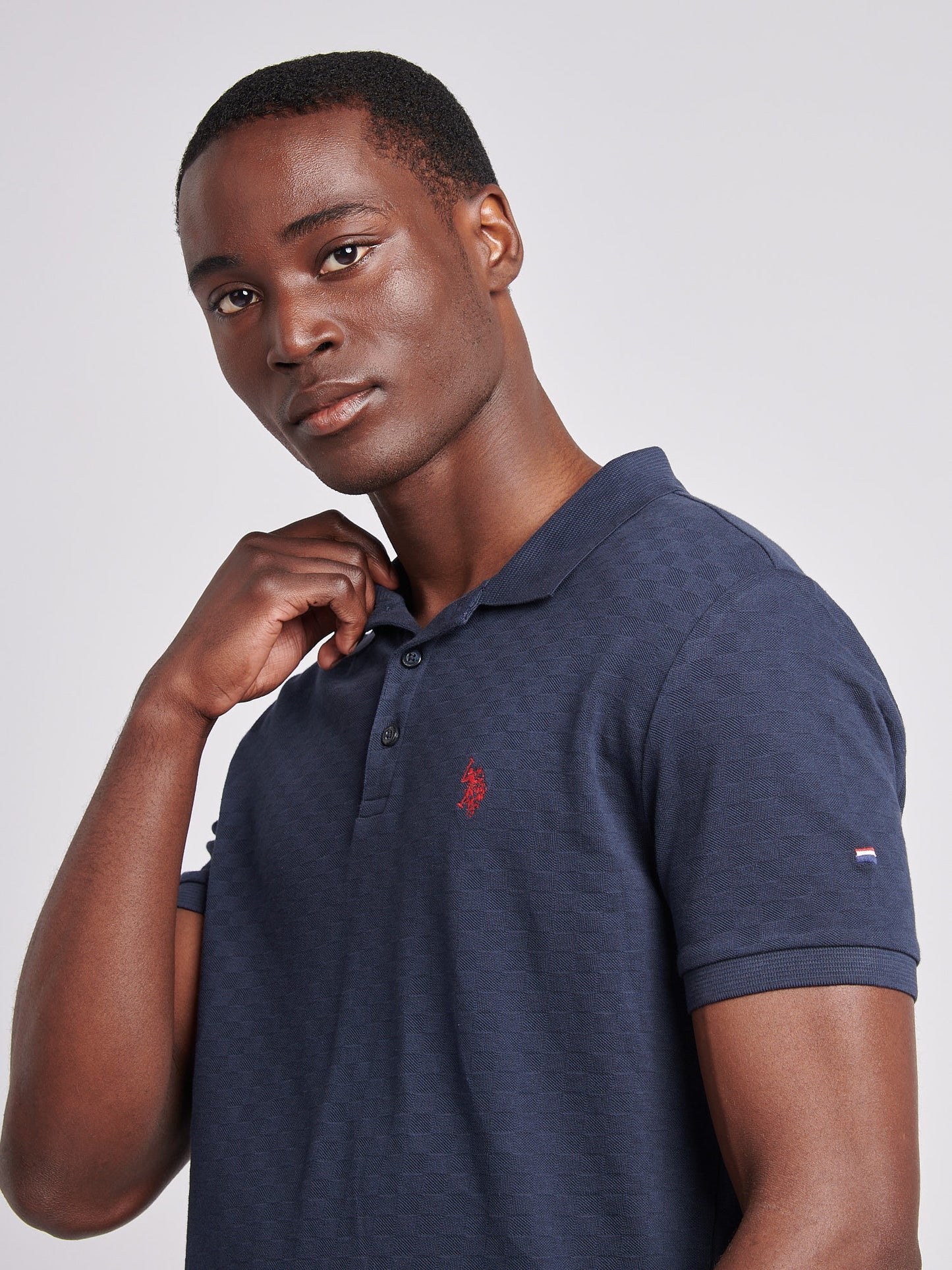 Mens Check Texture Polo in Dark Sapphire Navy / Haute Red DHM