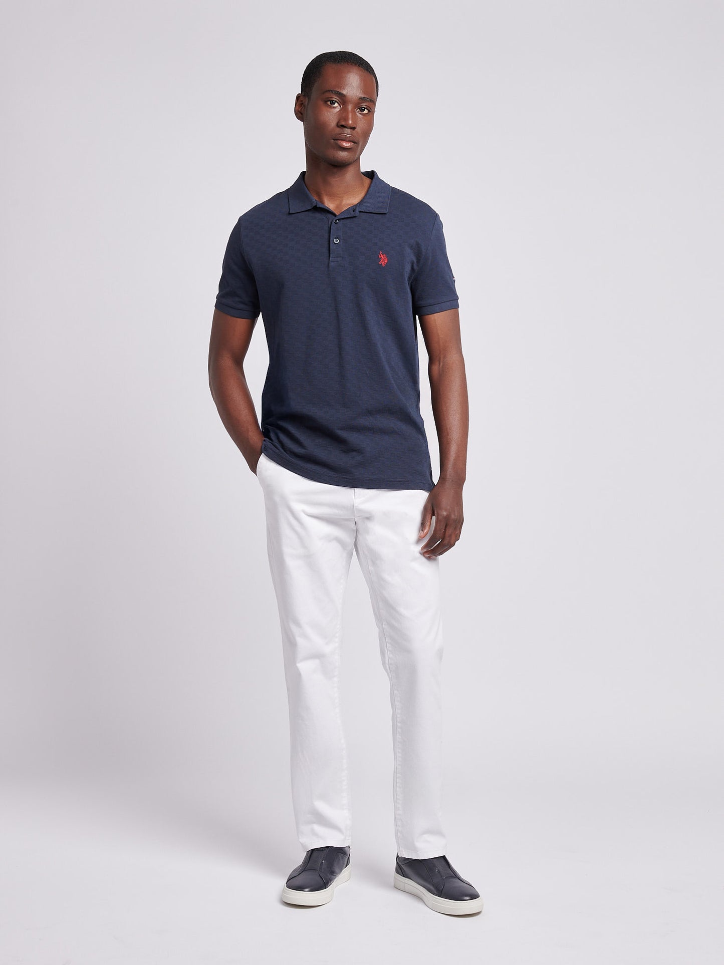 Mens Check Texture Polo in Dark Sapphire Navy / Haute Red DHM