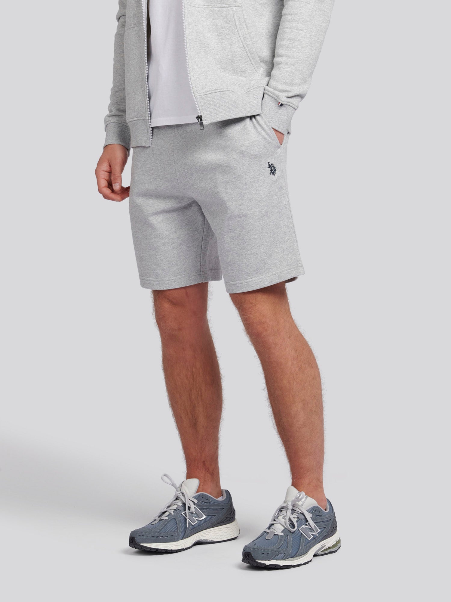 Mens Classic Fit Double Horsemen Sweat Shorts in Mid Grey Marl