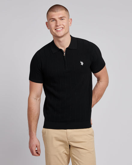 Mens Zip Knit  Polo Shirt in Black Bright White DHM
