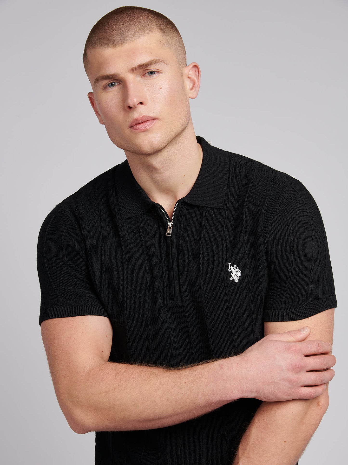 Mens Zip Knit Polo Shirt in Black Bright White DHM