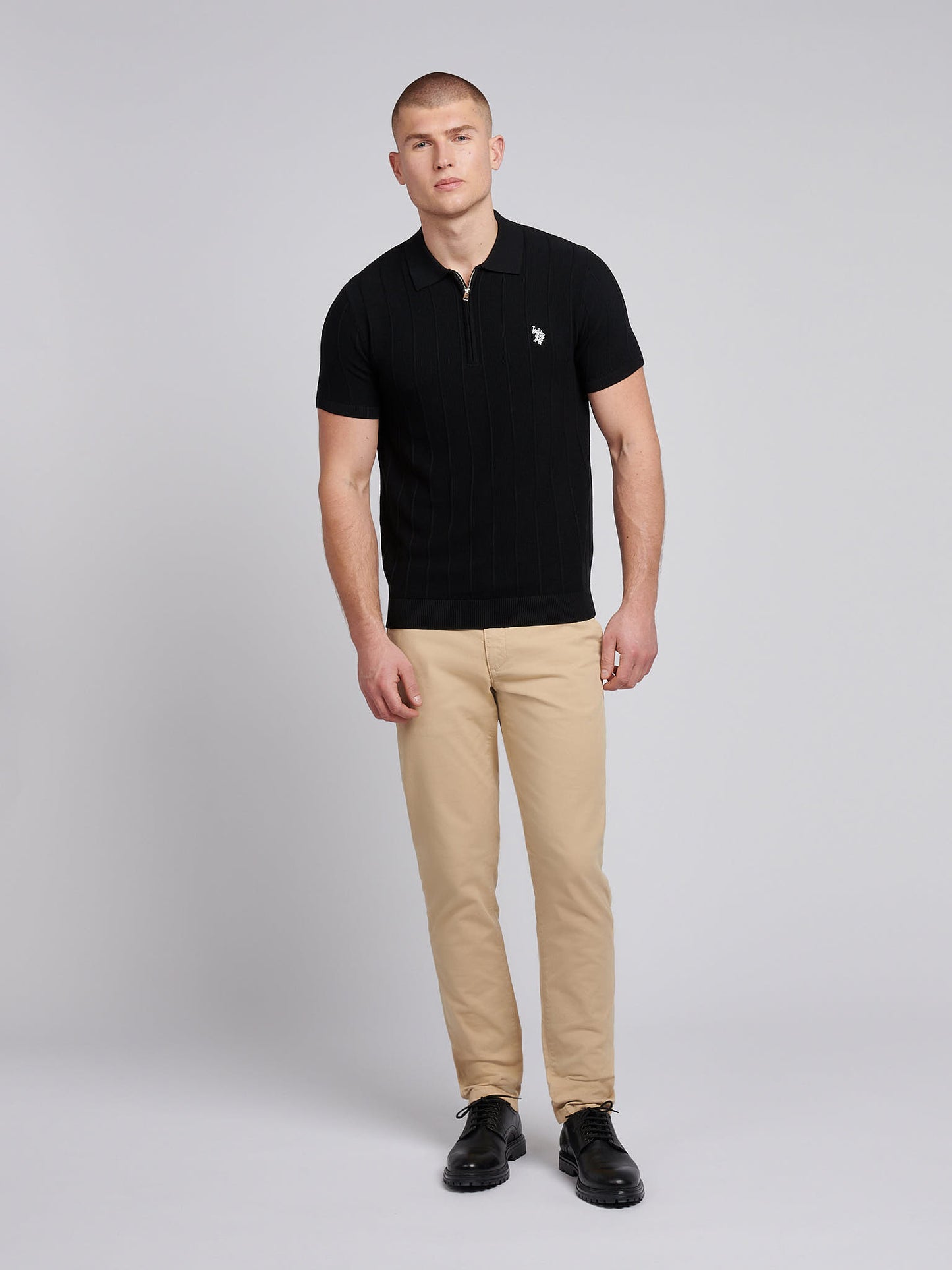 Mens Zip Knit Polo Shirt in Black Bright White DHM
