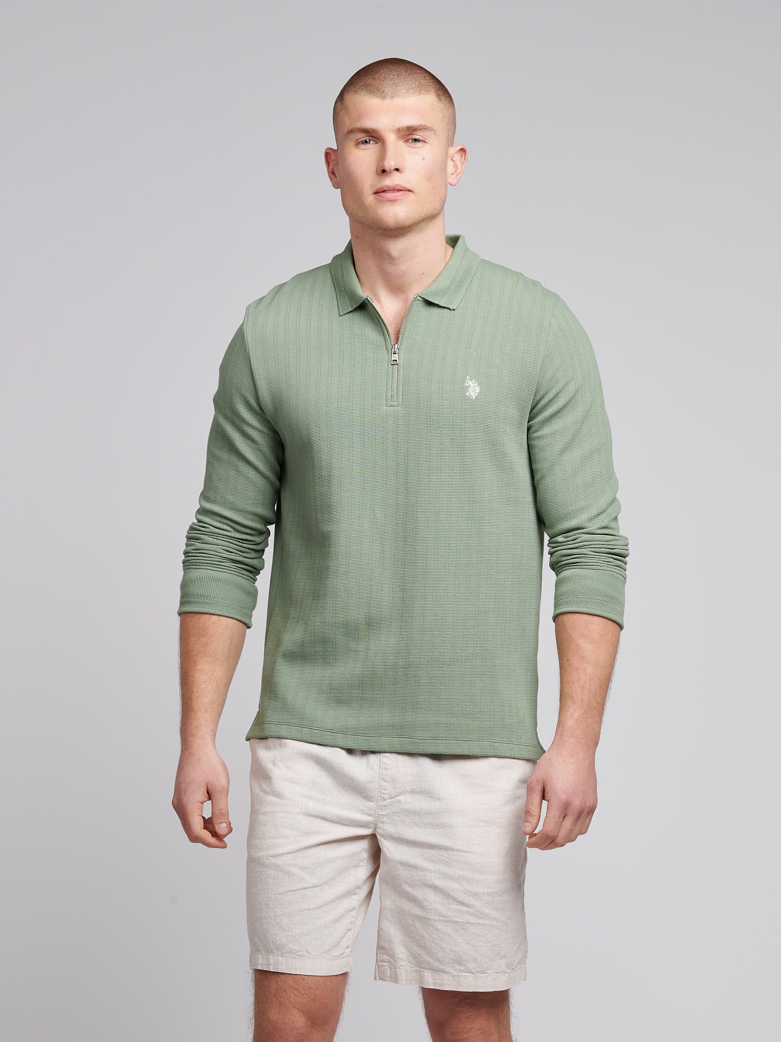 Mens Texture Zip Long Sleeve Polo Shirt in Green Bay – U.S. Polo