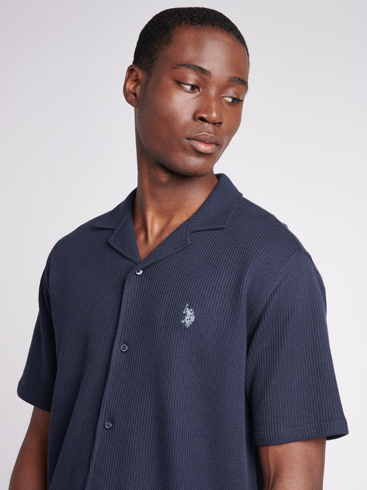 Mens Waffle Texture Revere Shirt in Dark Sapphire Navy