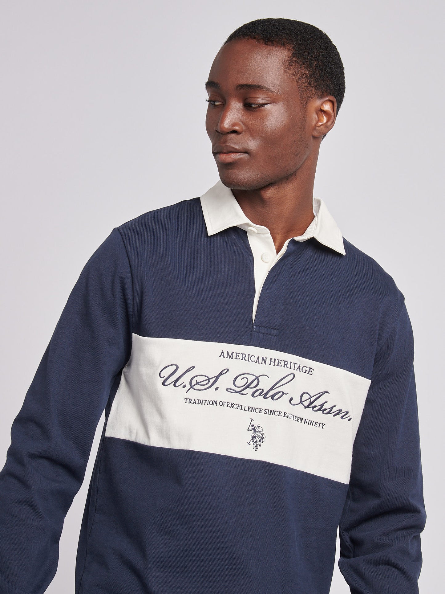 Mens Premium Embroidery Graphic Rugby Shirt in Dark Sapphire Navy