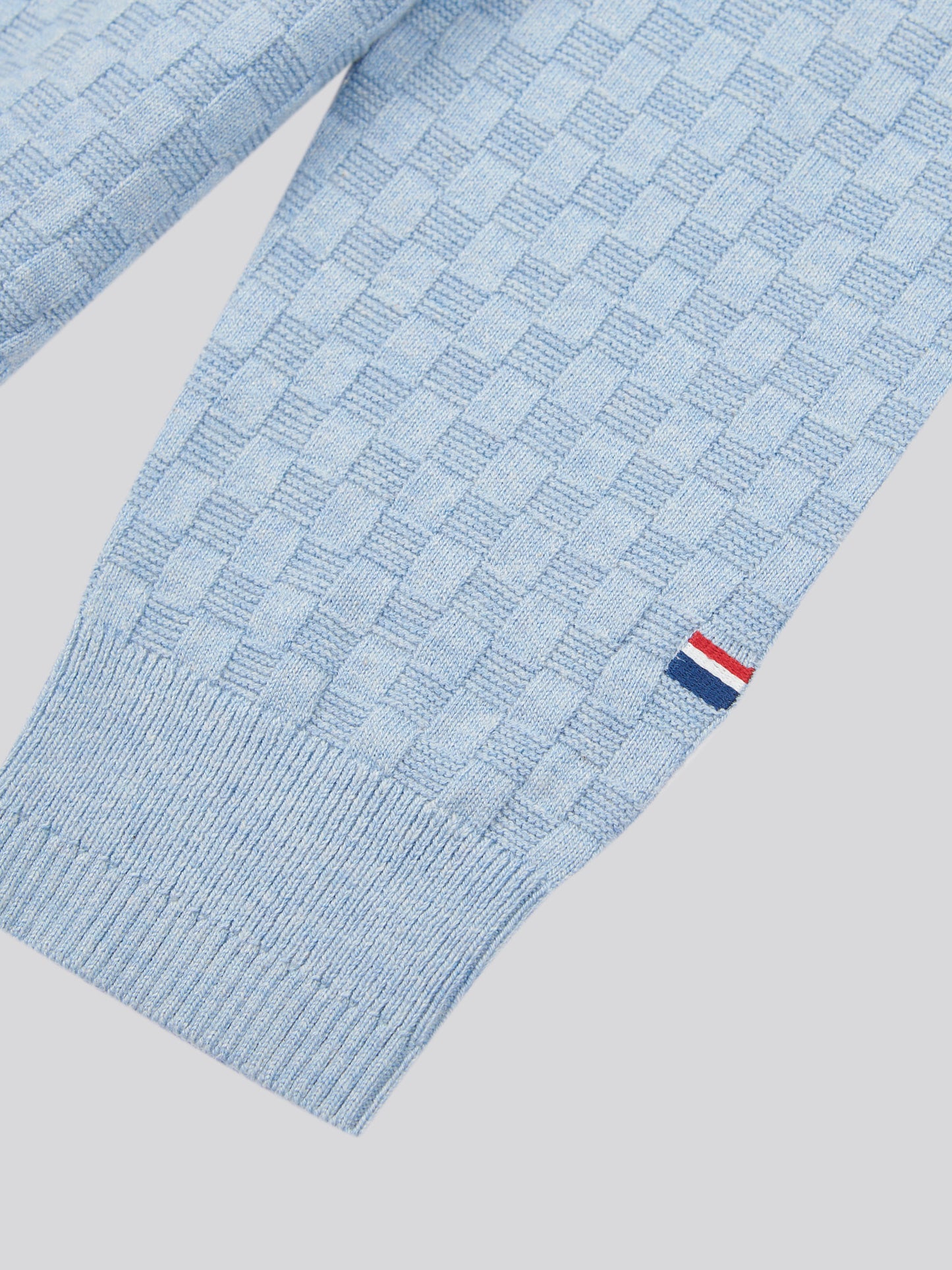 Mens Checkerboard Funnel Neck 1/4 Zip Knit in Parisian Blue Marl