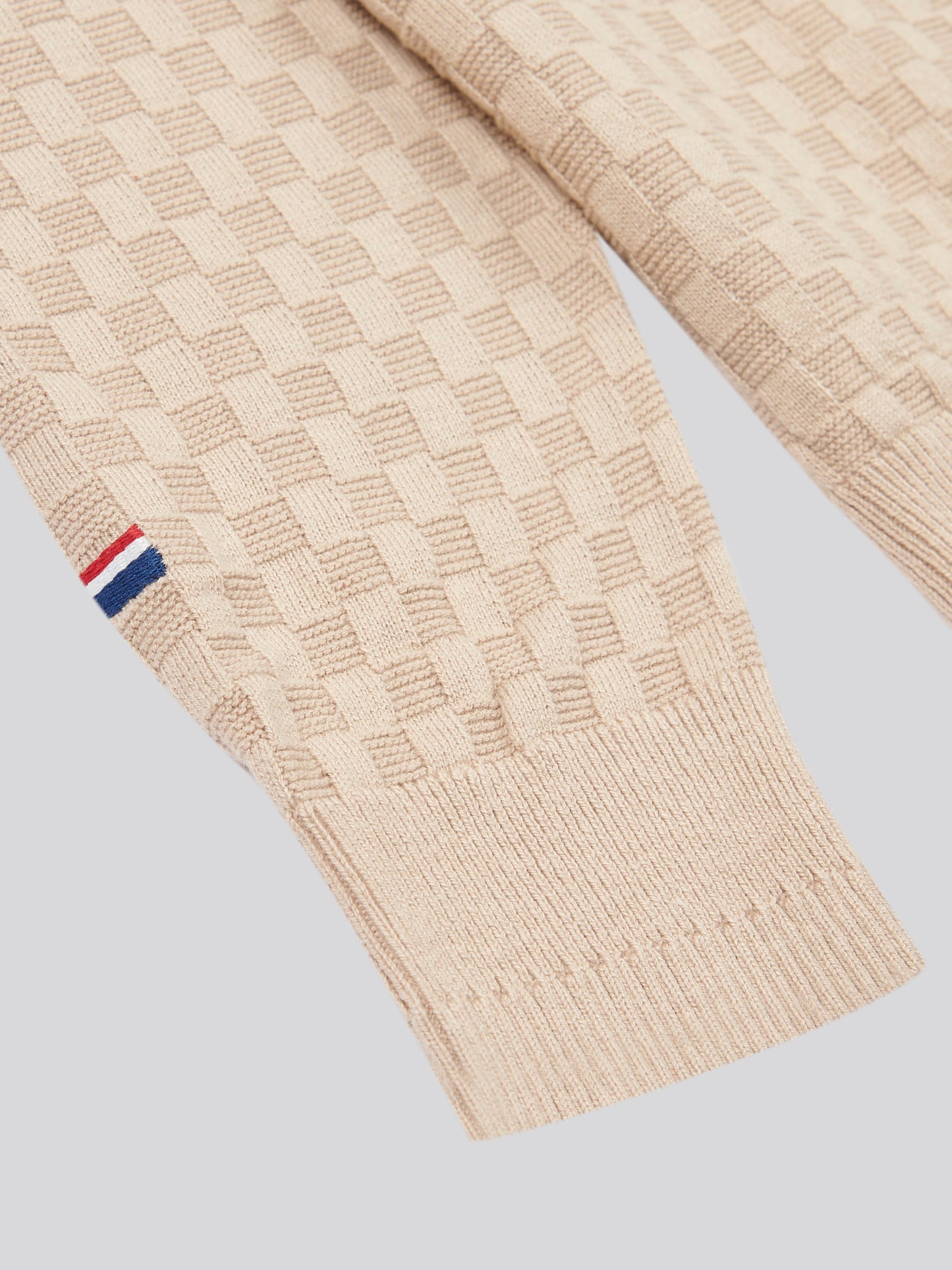 Mens Checkerboard Funnel Neck 1/4 Zip Knit in Doeskin