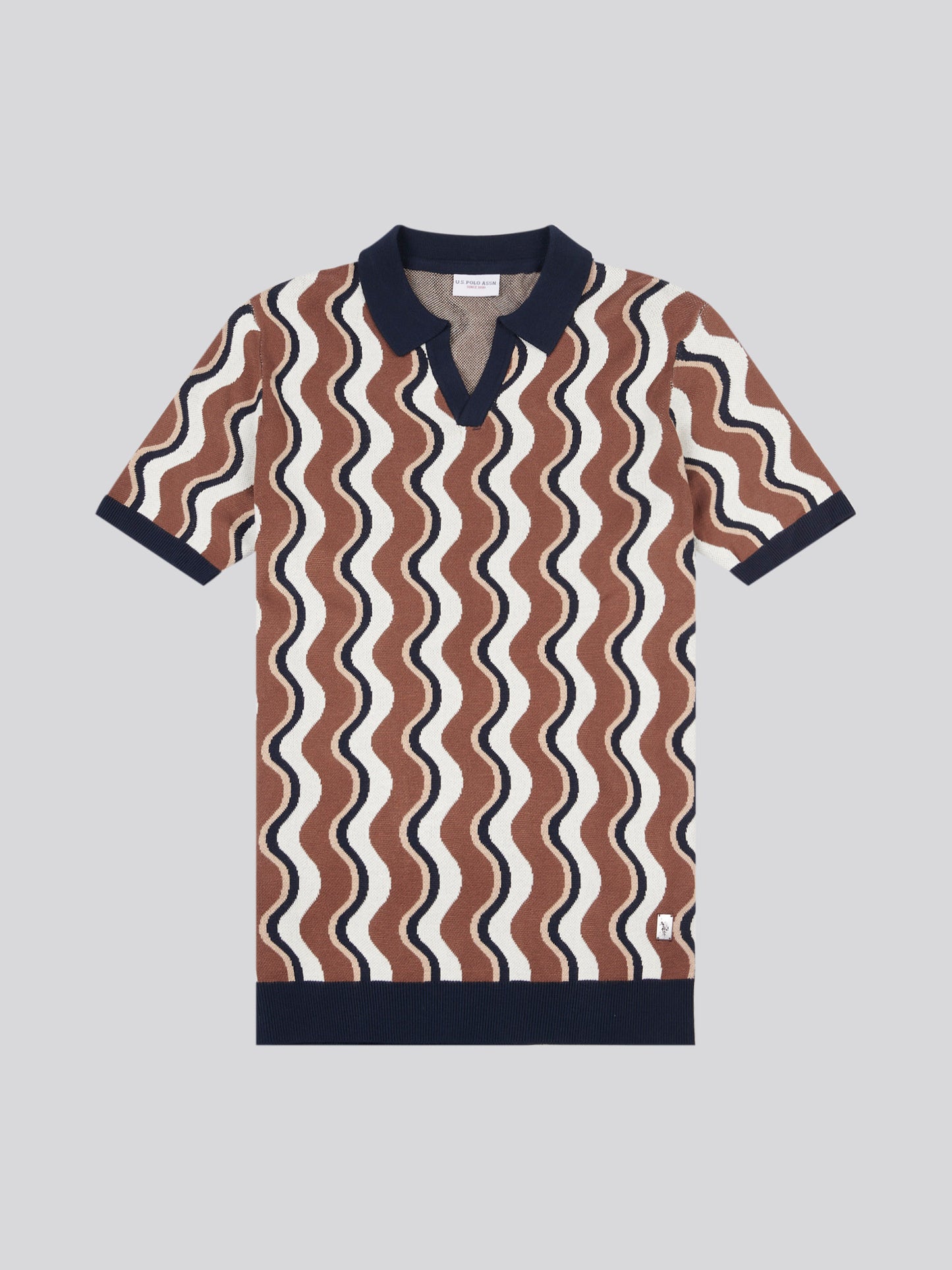 Mens Wave Knit Open Collar Polo Shirt in Cocoa Brown