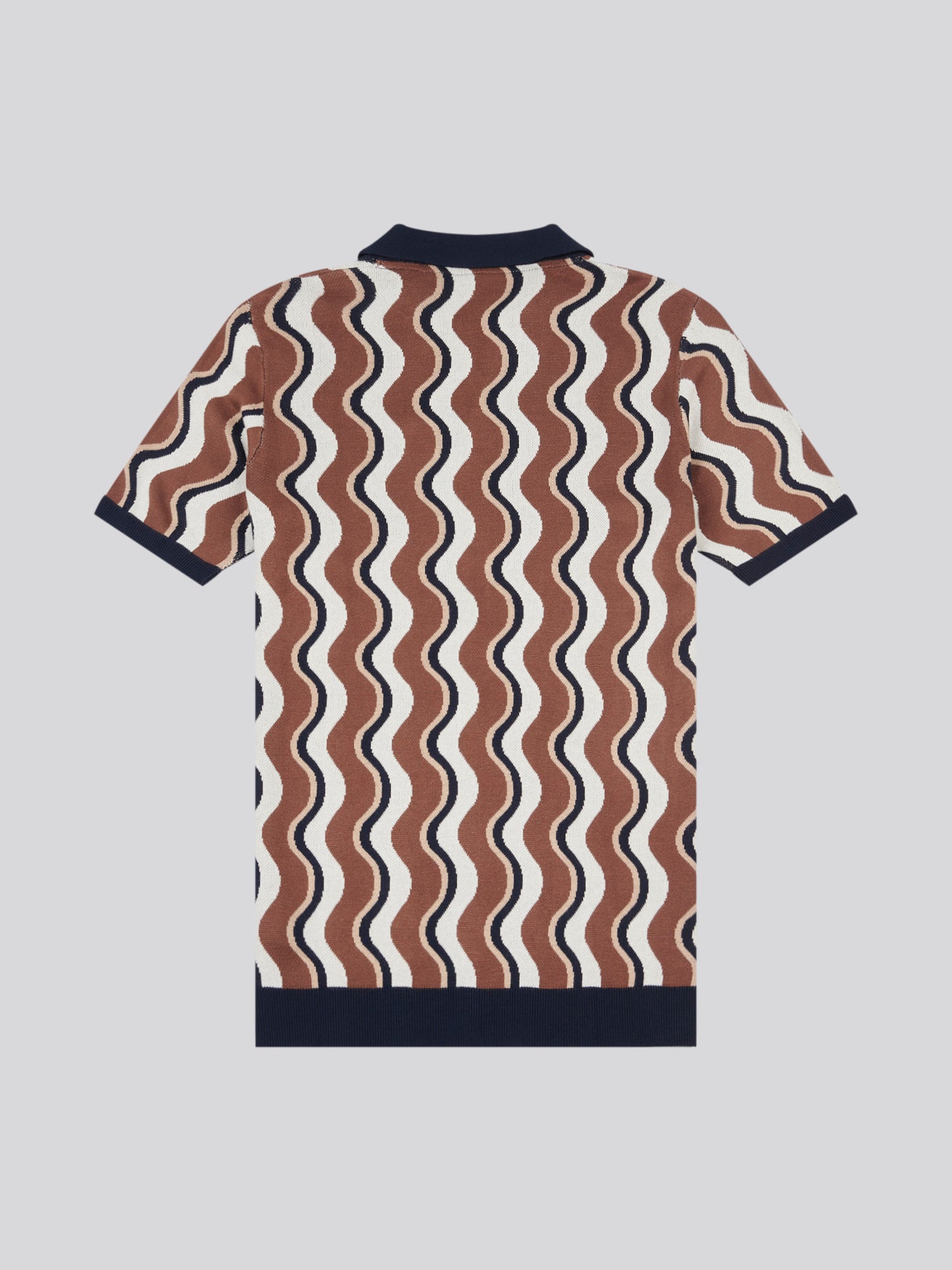 Mens Wave Knit Open Collar Polo Shirt in Cocoa Brown