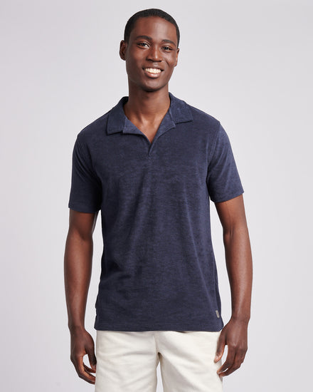 Mens Terry Revere Collar Polo Shirt in Dark Sapphire Navy