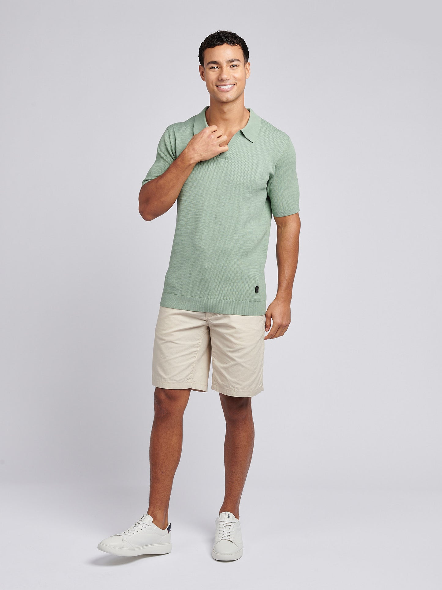 Mens Texture Open Collar Knit Polo Shirt in Green Bay