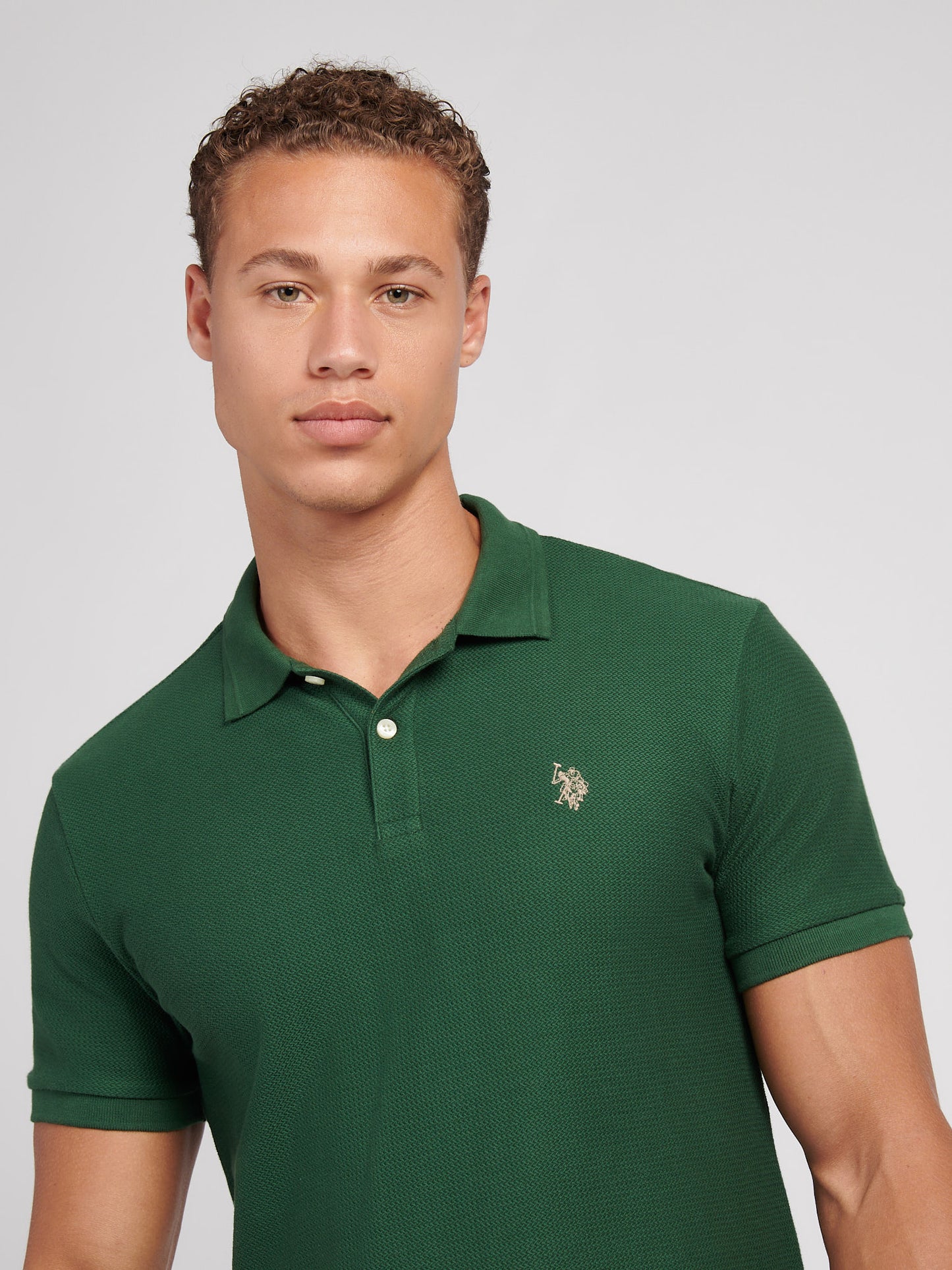 Mens Herringbone Texture Polo Shirt in Pineneedle