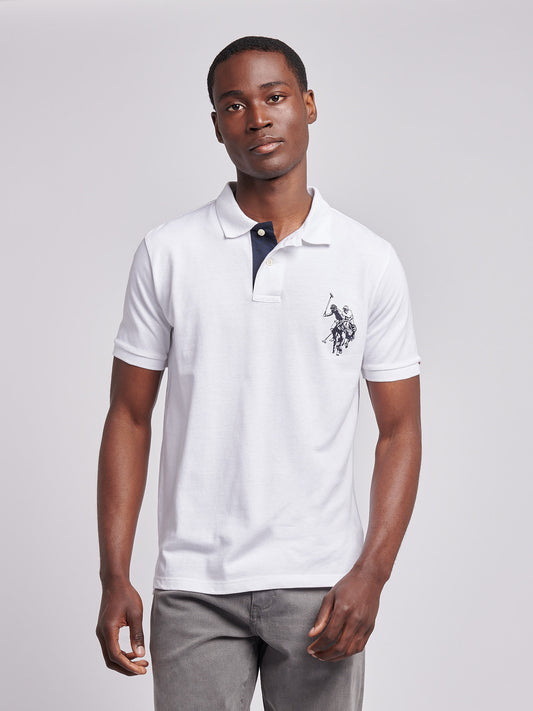 Mens Large Player Pique Polo Shirt in White / Dark Sapphire Navy DHM