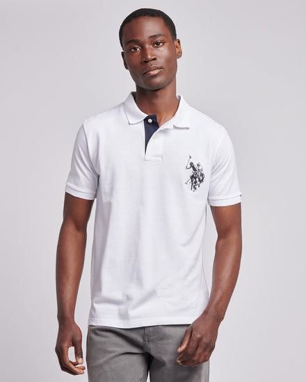 Mens Large Player Pique Polo Shirt in White / Dark Sapphire Navy DHM