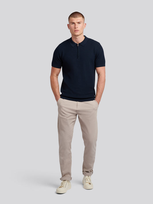 Mens Vertical Texture Knit Long Sleeve Polo Shirt in Dark Sapphire Navy