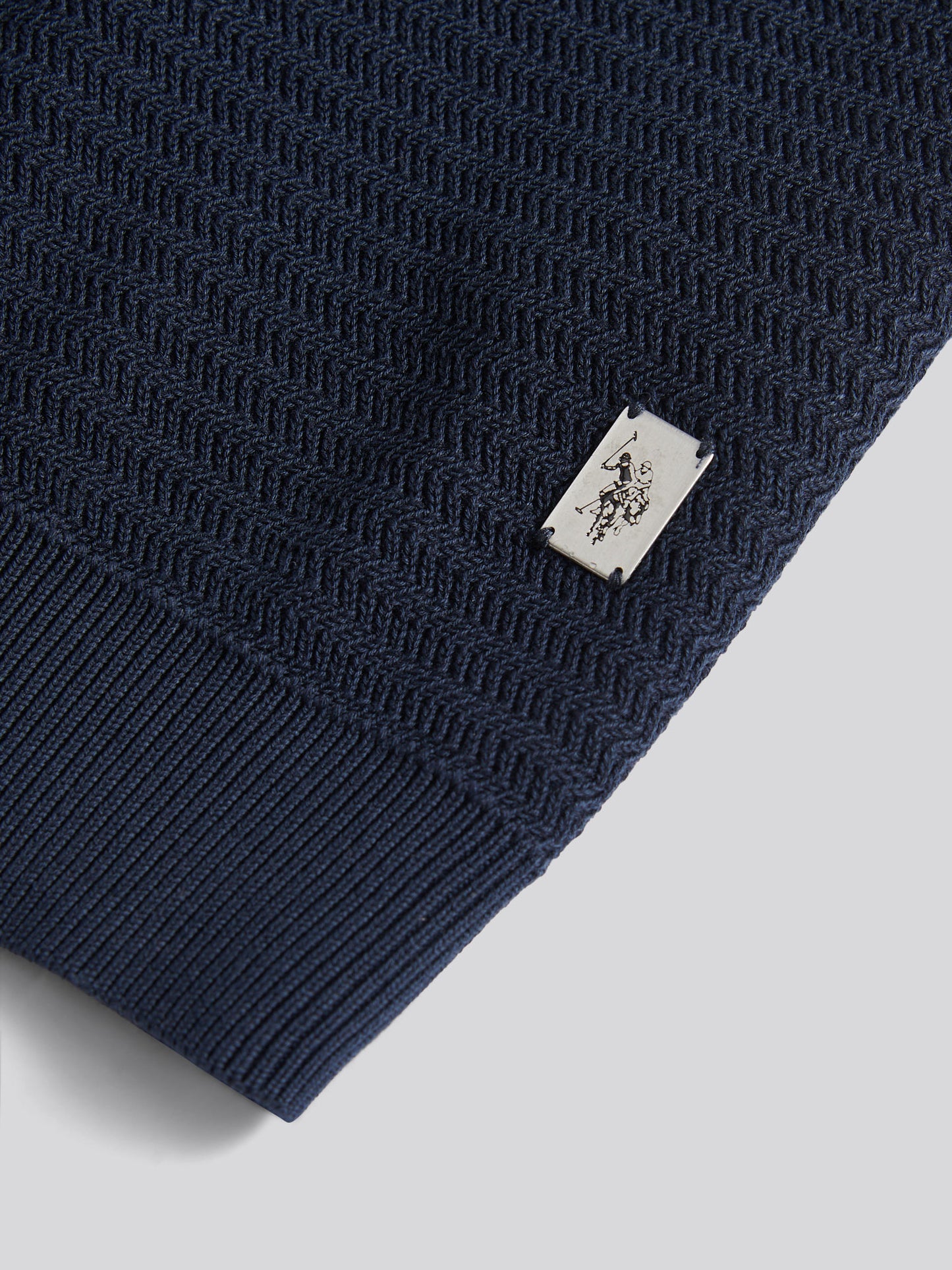 Mens Vertical Texture Knit Long Sleeve Polo Shirt in Dark Sapphire Navy