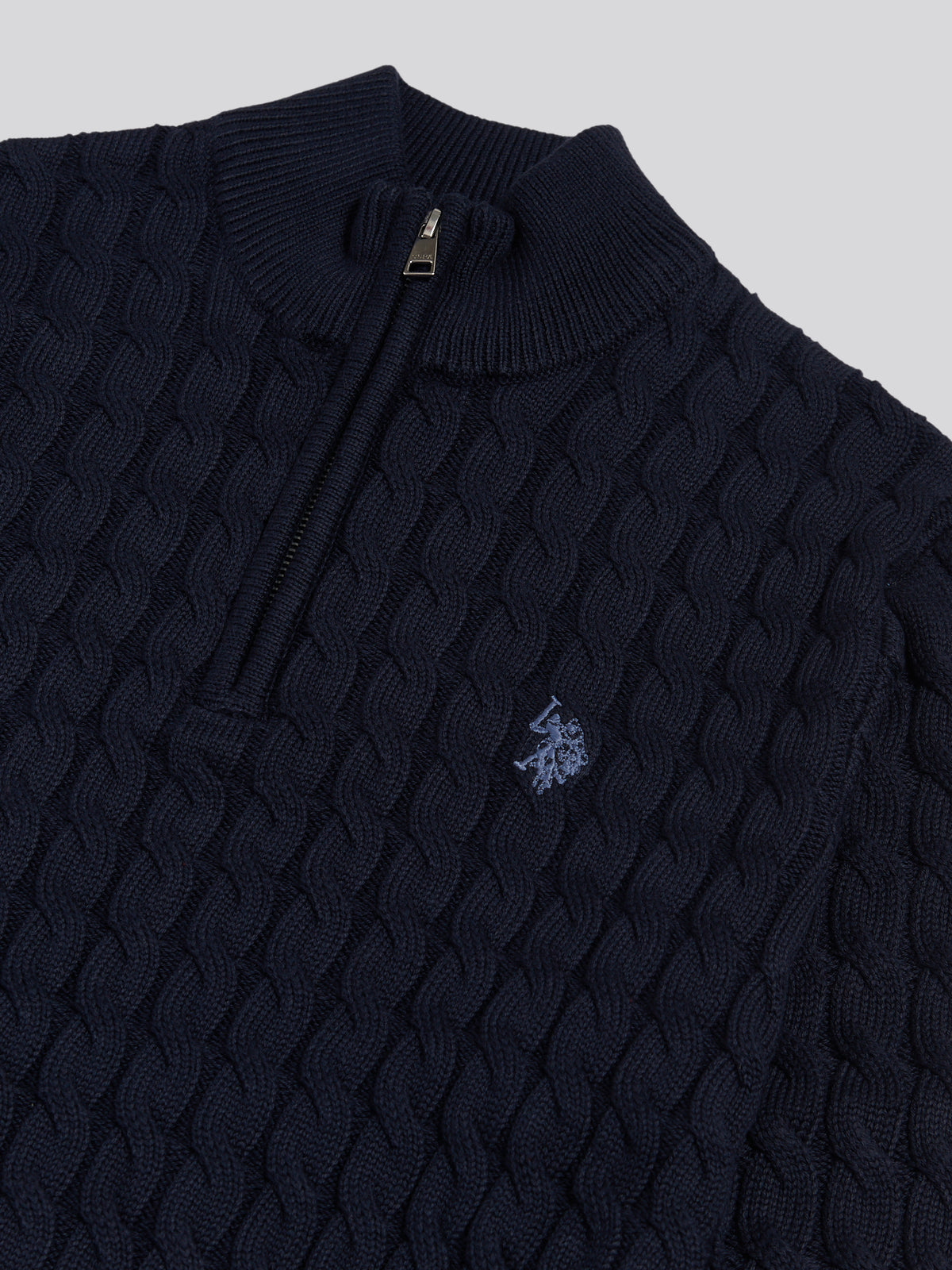 Mens Classic Cotton Cable Knit Quarter Zip Funnel Neck Jumper Dark Sapphire Navy / Moonlight Blue DHM