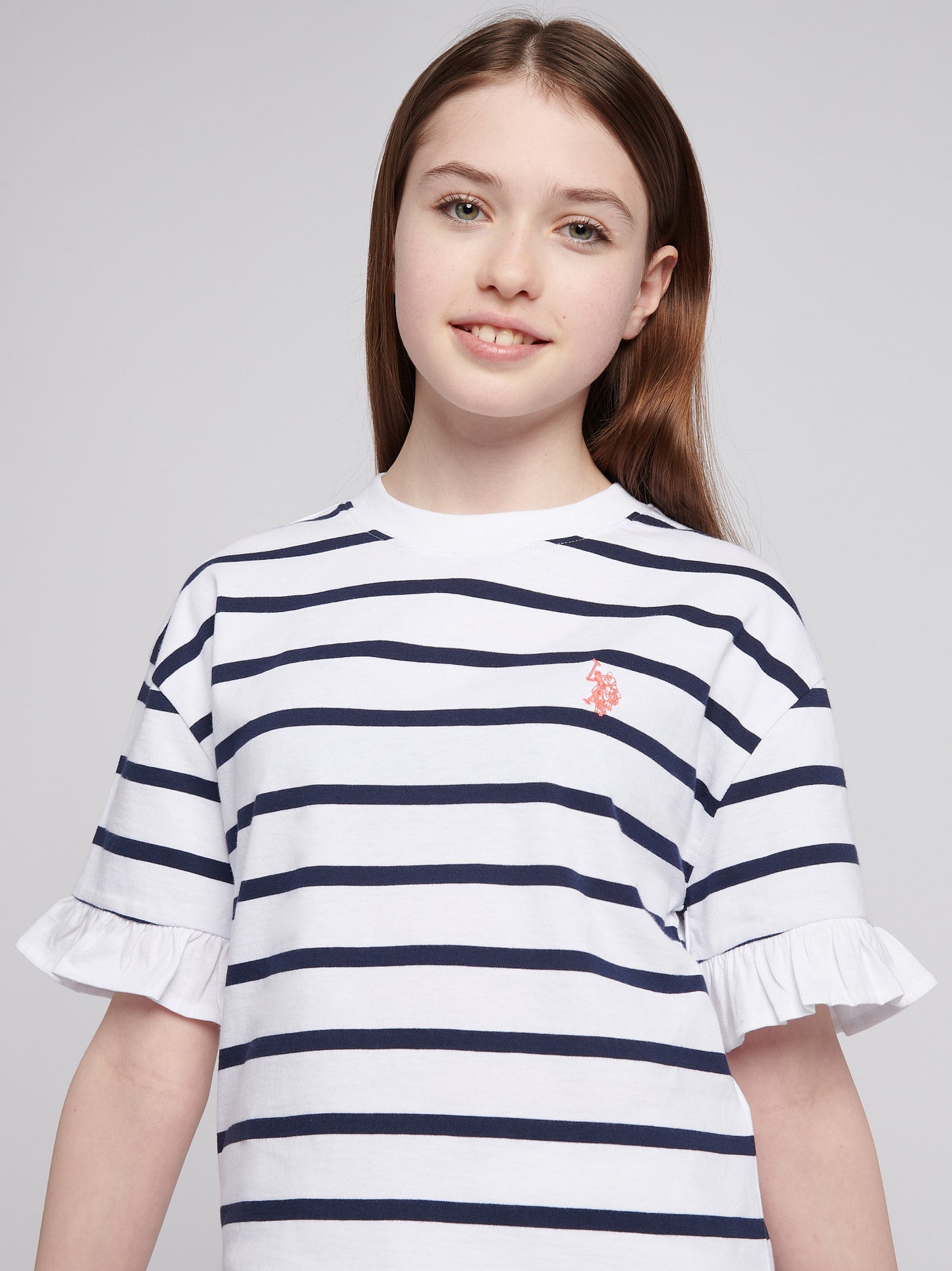 Girls Stripe Frill Cuff T-Shirt in Bright White