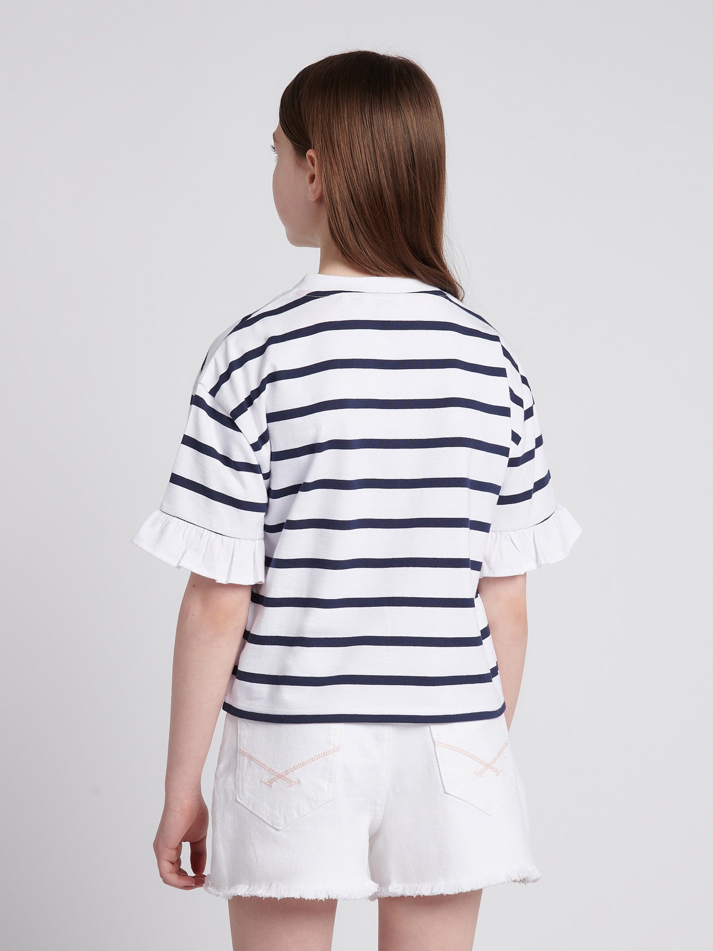 Girls Stripe Frill Cuff T-Shirt in Bright White