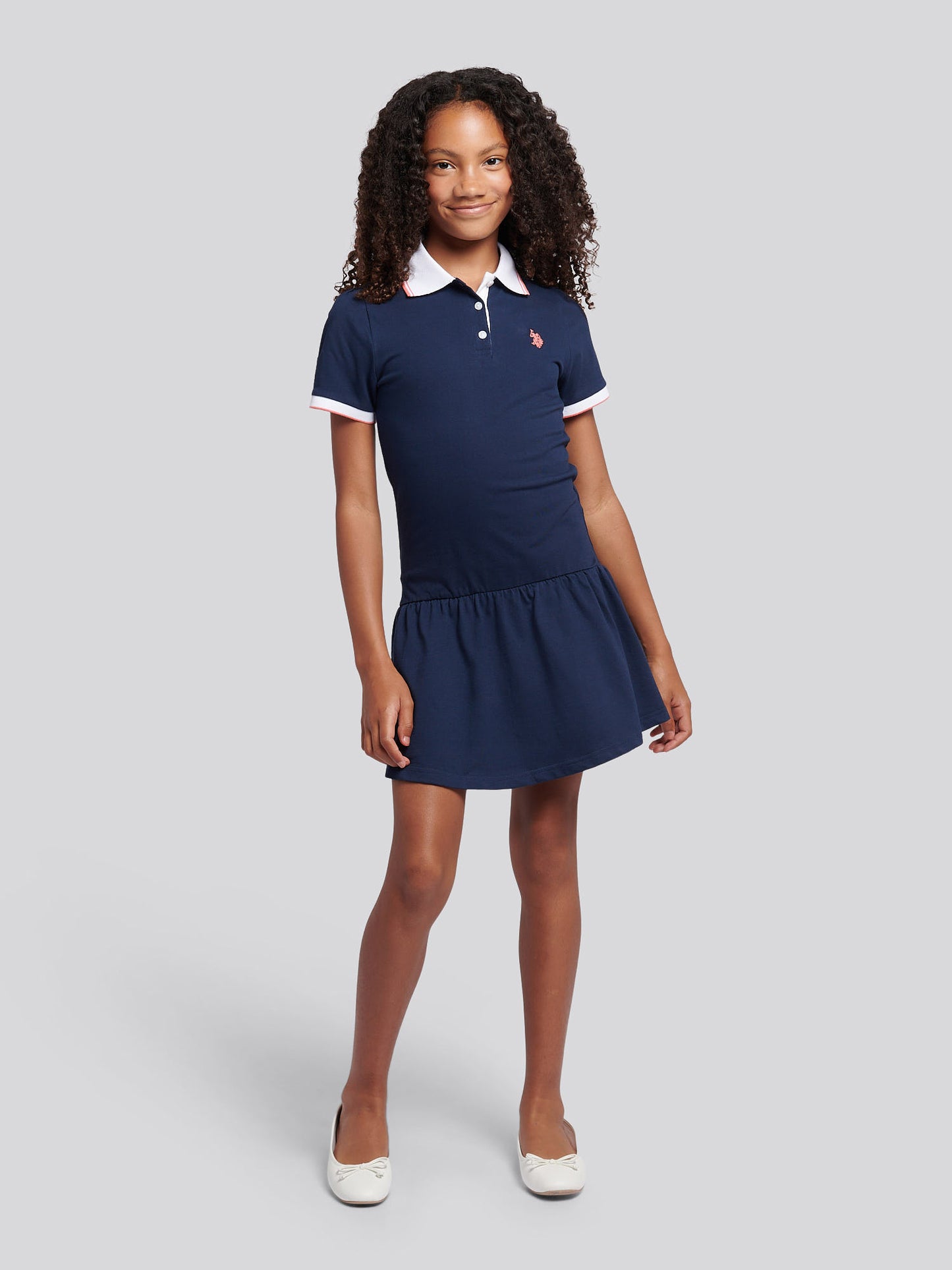 Girls Fril Skirt Polo Dress in Navy Iris