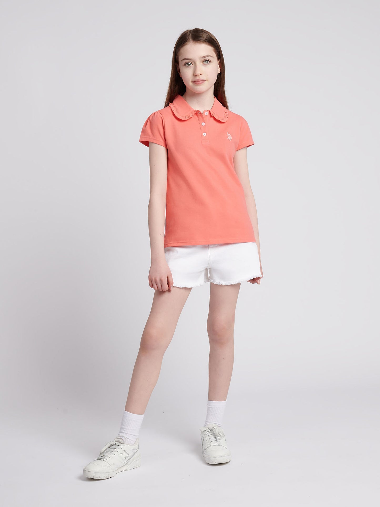 Girls Scallop Collar Polo Shirt in Sugar Coral