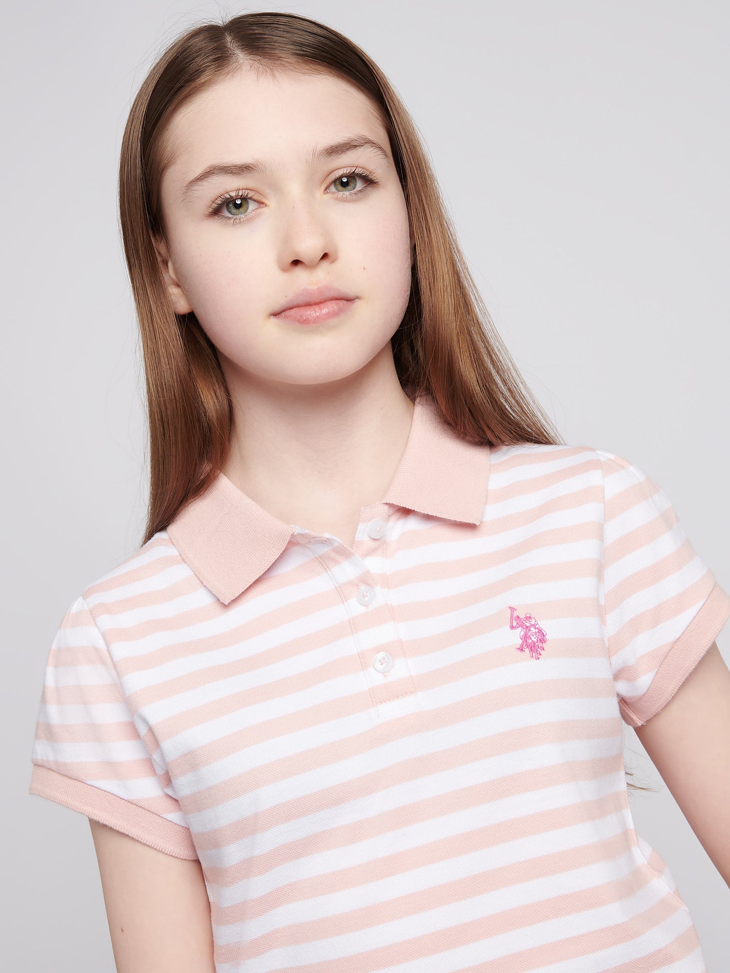 Girls Cap Sleeve Stripe Polo Shirt in Crystal Rose