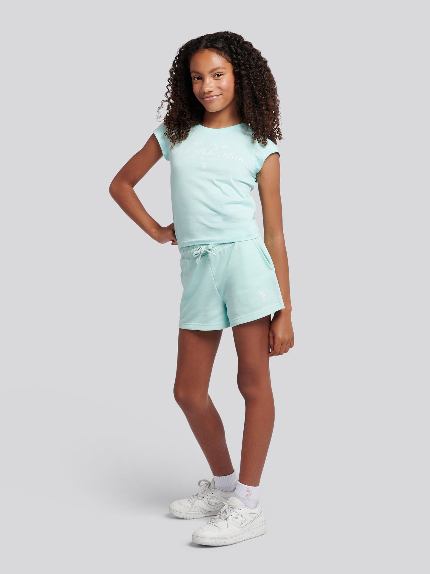 Girls Script Graphic T-Shirt & Sweat Short Set in Blue Light