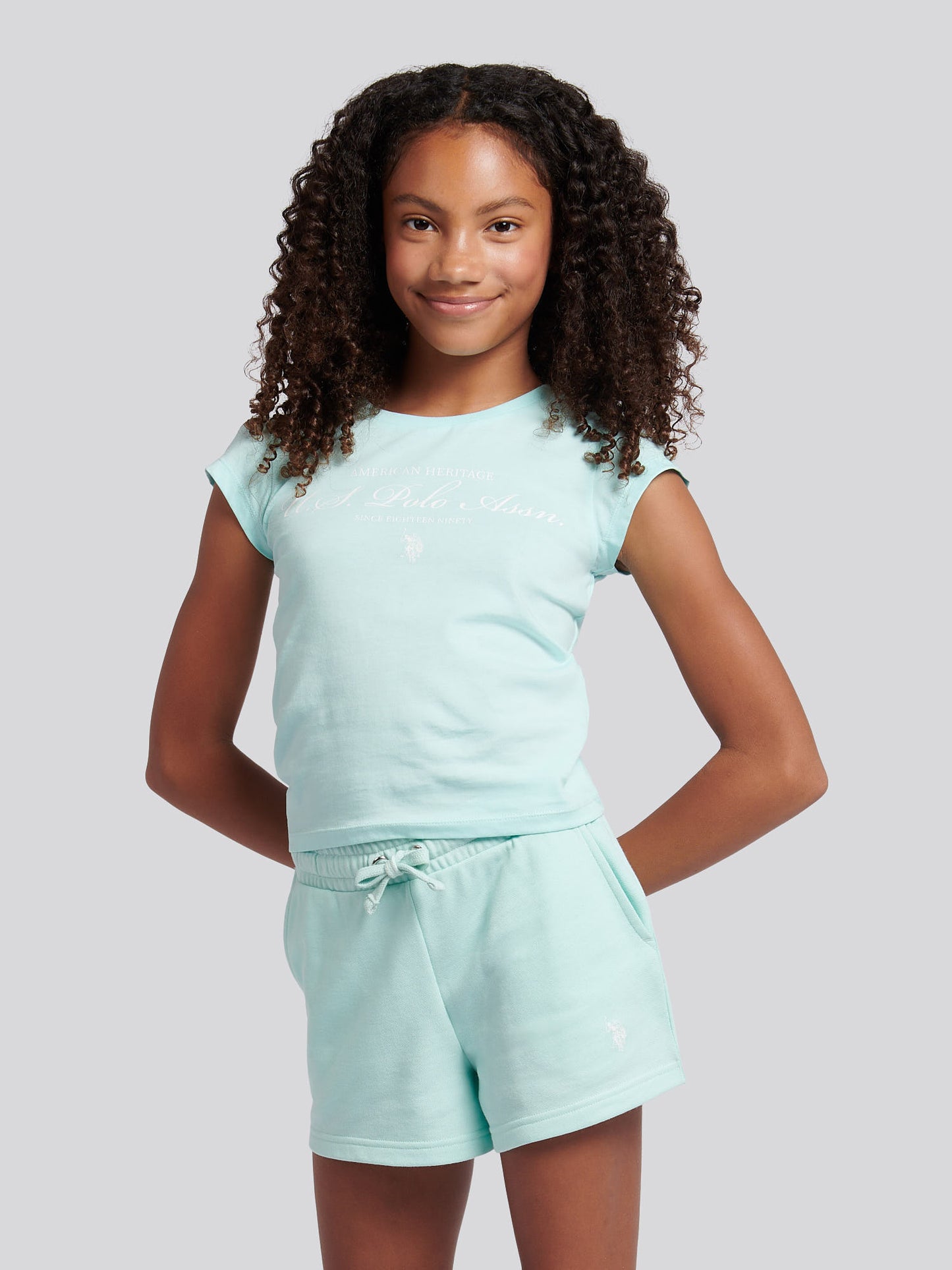 Girls Script Graphic T-Shirt & Sweat Short Set in Blue Light