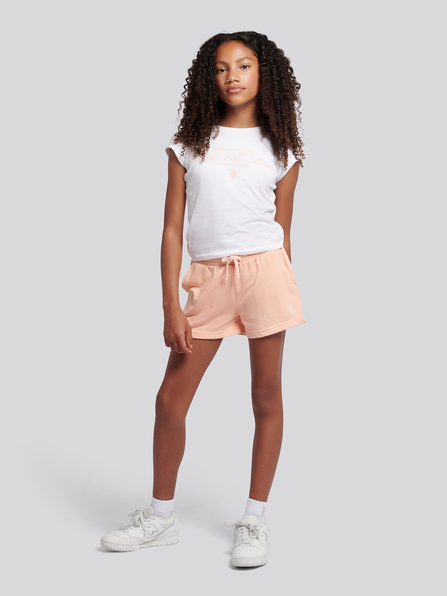 Girls Script Graphic T-Shirt & Sweat Short Set in Peach Nectar