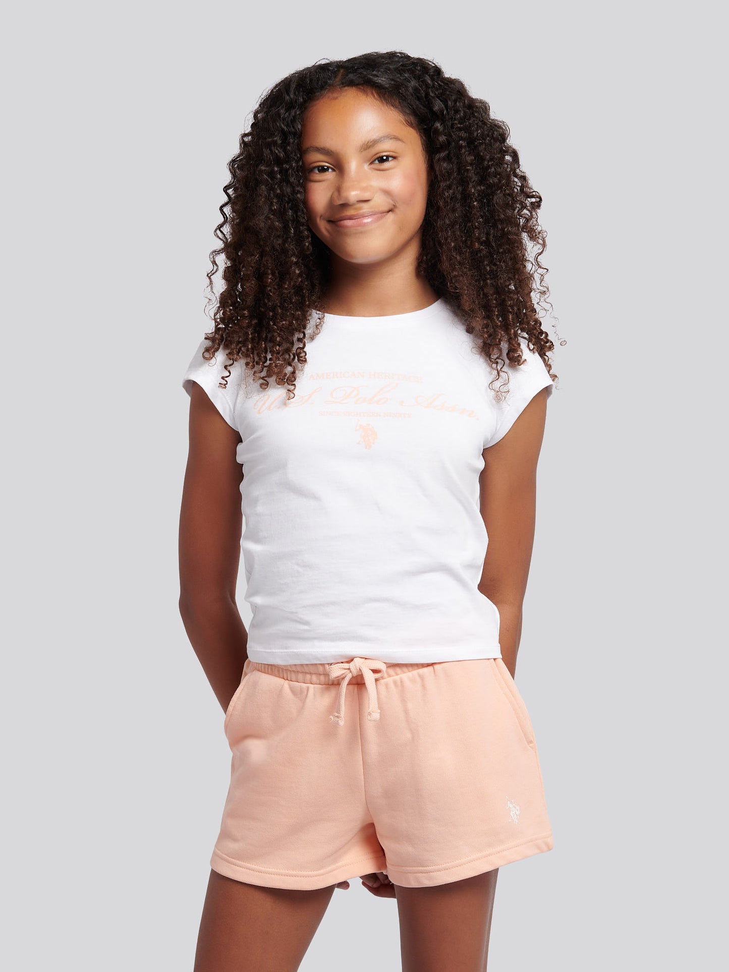 Girls Script Graphic T-Shirt & Sweat Short Set in Peach Nectar