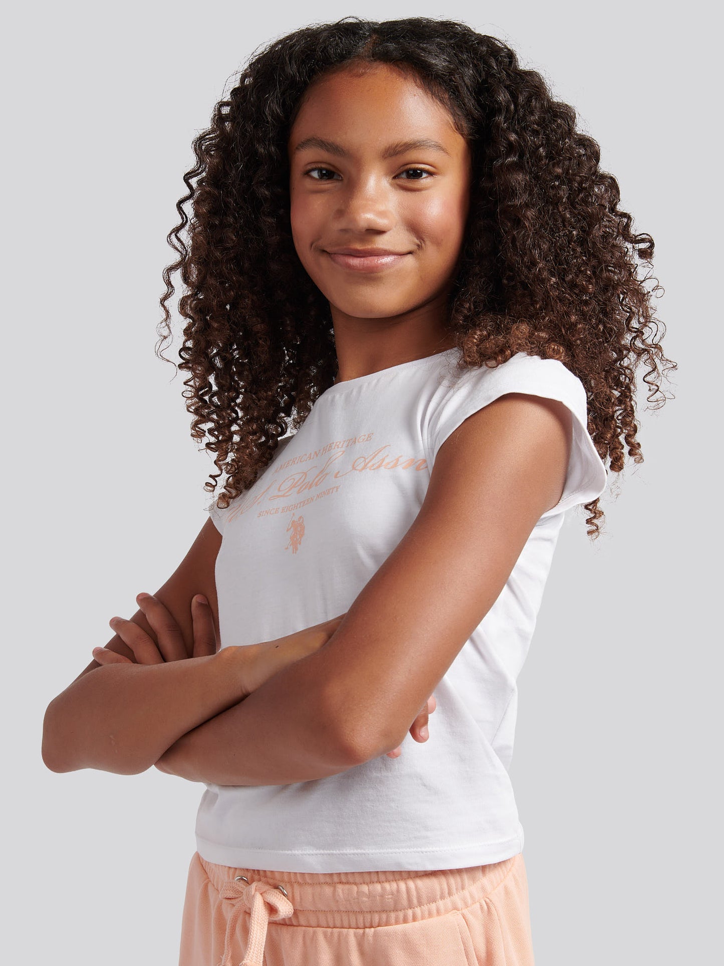 Girls Script Graphic T-Shirt & Sweat Short Set in Peach Nectar