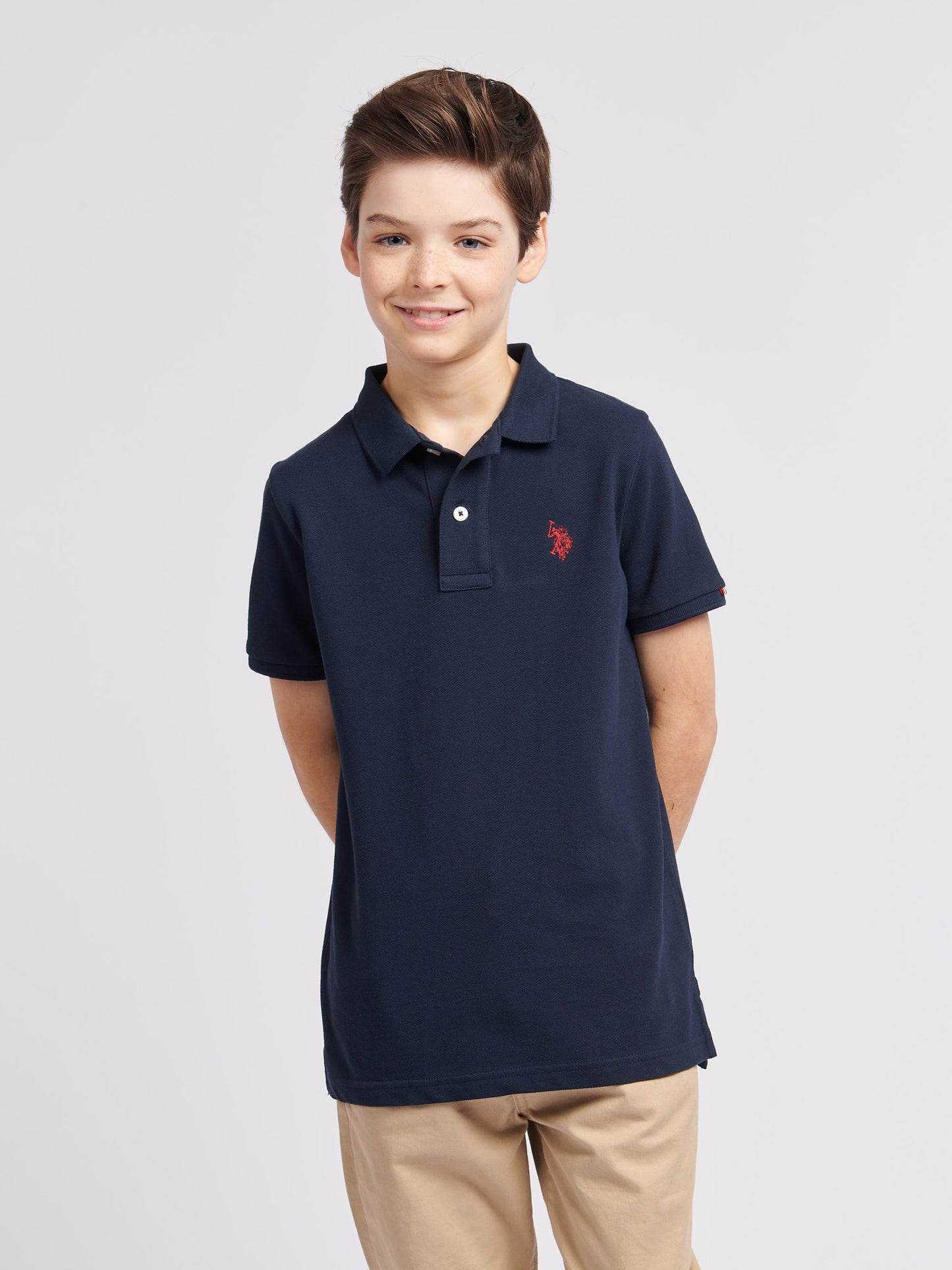 Boys Double Horsemen Polo Shirt in Dark Sapphire Navy / Haute Red DHM