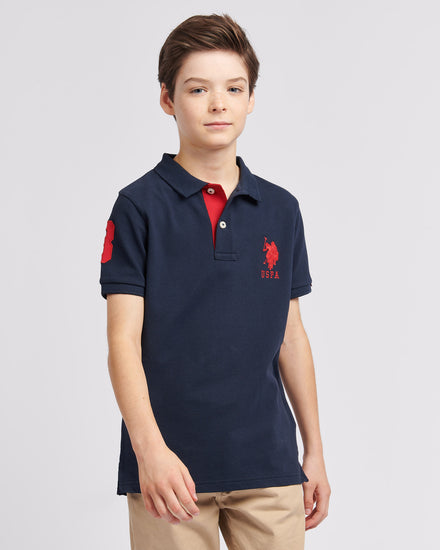 Boys Player 3 Polo Shirt in Dark Sapphire Navy / Haute Red DHM