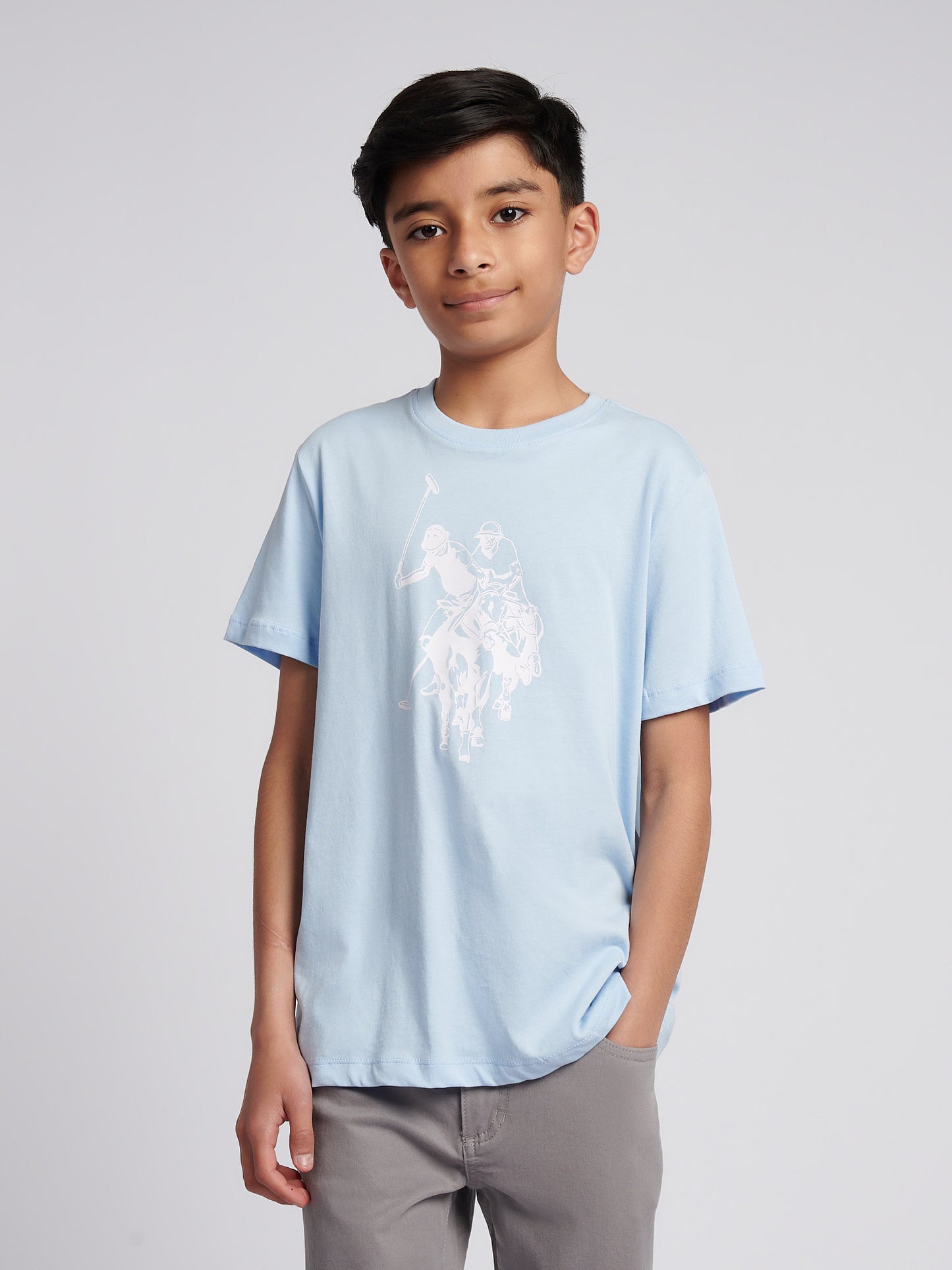 Boys Double Horsemen Graphic T-Shirt in Chambray Blue