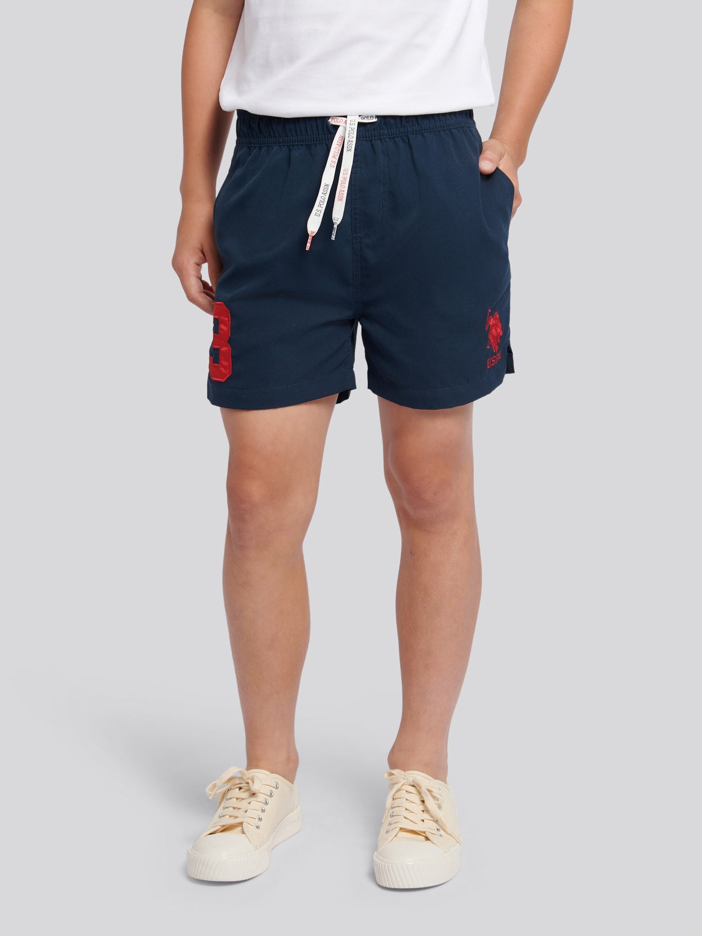 Boys Player 3 Swim Short in Dark Sapphire Navy / Haute Red DHM