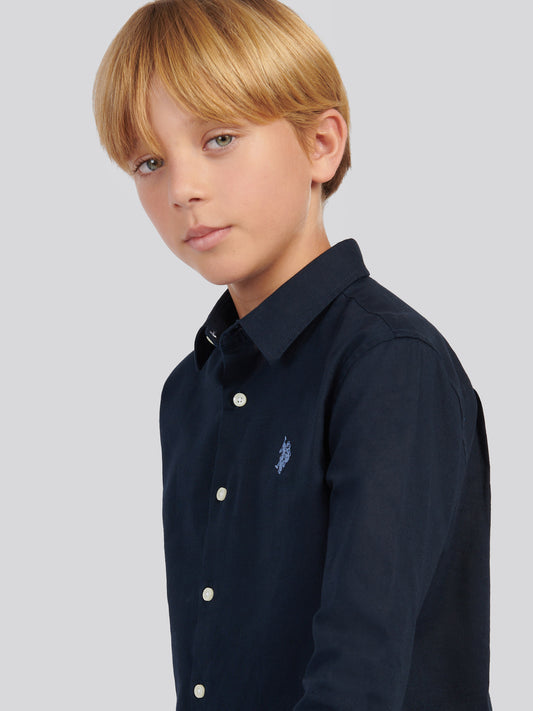 Boys Linen Blend Shirt in Dark Sapphire Navy / Moonlight Blue DHM
