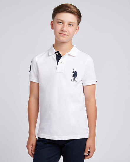 Boys Player 3 Polo Shirt in White / Dark Sapphire Navy DHM