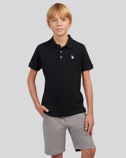 Boys Waffle Texture Polo Shirt in Black