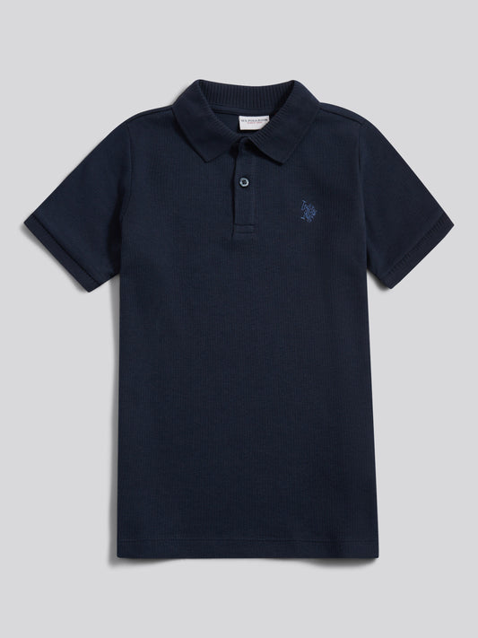 Boys Heritage Textured Polo Shirt in Dark Sapphire Navy / Moonlight Blue DHM