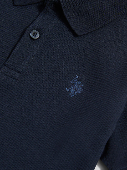 Boys Heritage Textured Polo Shirt in Dark Sapphire Navy / Moonlight Blue DHM